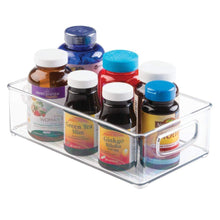 Load image into Gallery viewer, Storage mdesign stackable plastic storage organizer container bin with handles for bathroom holds vitamins pills supplements essential oils medical supplies first aid supplies 3 high 8 pack clear