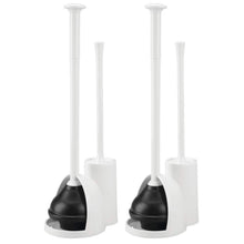 Load image into Gallery viewer, Latest mdesign modern slim compact freestanding plastic toilet bowl brush cleaner and plunger combo set kit with holder caddy for bathroom storage and organization covered lid brush 2 pack white