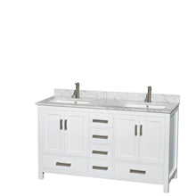 Load image into Gallery viewer, Heavy duty wyndham collection sheffield 60 inch double bathroom vanity in white white carrera marble countertop undermount square sinks and 24 inch mirrors