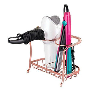 mDesign Metal Bathroom Vanity Countertop Hair Care & Styling Tool Organizer Holder for Hair Dryer, Flat Irons, Curling Wands, Hair Straighteners - 2 Sections, Heat Safe - Rose Gold