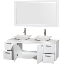 Load image into Gallery viewer, Selection wyndham collection amare 60 inch double bathroom vanity in glossy white white man made stone countertop arista white carrera marble sinks and 58 inch mirror