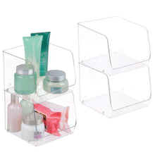 Load image into Gallery viewer, Home mdesign large stackable plastic bathroom storage organizer bin basket with wide open front for vanity countertops cabinets closets under sinks cube 7 75 wide 4 pack clear