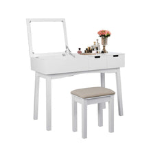 Load image into Gallery viewer, Top vanity set with dressing table flip top mirror organizer cushioned stool makeup wooden writing desk 2 drawers easy assembly beauty station bathroom white
