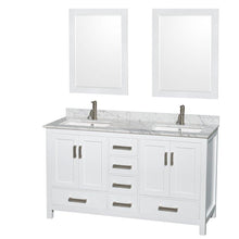 Load image into Gallery viewer, Exclusive wyndham collection sheffield 60 inch double bathroom vanity in white white carrera marble countertop undermount square sinks and 24 inch mirrors