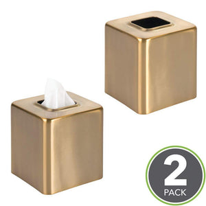 Discover the mdesign modern square metal paper facial tissue box cover holder for bathroom vanity countertops bedroom dressers night stands desks and tables 2 pack soft brass
