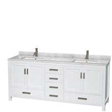 Load image into Gallery viewer, Shop wyndham collection sheffield 80 inch double bathroom vanity in white white carrera marble countertop undermount square sinks and 70 inch mirror