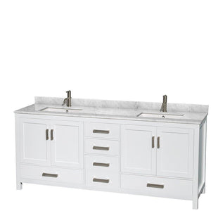 Shop wyndham collection sheffield 80 inch double bathroom vanity in white white carrera marble countertop undermount square sinks and 70 inch mirror