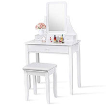 Load image into Gallery viewer, Buy now giantex bathroom vanity dressing table set 360 rotate mirror pine wood legs padded stool dressing table girls make up vanity set w stool rectangle mirror 3 drawers white