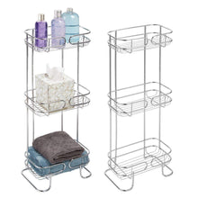 Load image into Gallery viewer, Budget friendly mdesign rectangular metal bathroom shelf unit free standing vertical storage for organizing and storing hand towels body lotion facial tissues bath salts 3 shelves 2 pack chrome