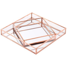 Load image into Gallery viewer, Best koyal wholesale glass mirror square trays vanity set of 2 rose gold decorative mirrored trays for coffee table bar cart dresser bathroom perfume makeup wedding centerpieces
