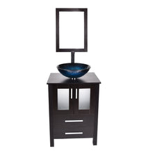 Load image into Gallery viewer, Selection 24 inch bathroom vanity modern stand pedestal cabinet wood black fixture with mirror ocean blue tempered glass sink top with single faucet hole