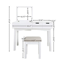 Load image into Gallery viewer, Shop for vanity set with dressing table flip top mirror organizer cushioned stool makeup wooden writing desk 2 drawers easy assembly beauty station bathroom white