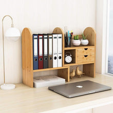 Load image into Gallery viewer, Latest tribesigns bamboo desktop bookshelf counter top bookcase adjustable with 2 drawers desk storage organizer display shelf rack for office supplies kitchen bathroom makeup natural