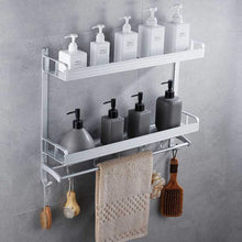 Load image into Gallery viewer, Results 2 layer space aluminum bathroom corner shelf shower caddy shampoo soap cosmetic storage basket kitchen spice rack holder organizer with towel bar and hooks rectangle double