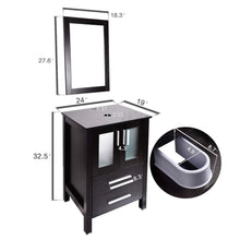Load image into Gallery viewer, Storage organizer 24 inch bathroom vanity modern stand pedestal cabinet wood black fixture with mirror ocean blue tempered glass sink top with single faucet hole