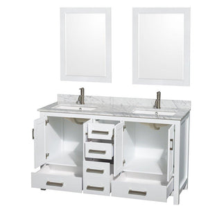 Home wyndham collection sheffield 60 inch double bathroom vanity in white white carrera marble countertop undermount square sinks and 24 inch mirrors