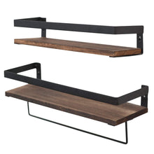 Load image into Gallery viewer, Best seller  y me bathroom storage shelf wall mounted set of 2 rustic wood floating shelves with removable towel bar perfect for kitchen bathroom carbonized brown