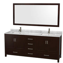 Load image into Gallery viewer, Results wyndham collection sheffield 80 inch double bathroom vanity in espresso white carrera marble countertop undermount square sinks and 70 inch mirror