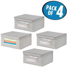 Load image into Gallery viewer, Shop for mdesign soft stackable fabric closet storage organizer holder bin with clear window attached hinged lid for bedroom hallway entryway bathroom chevron print medium 4 pack taupe natural