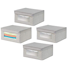 Load image into Gallery viewer, Save mdesign soft stackable fabric closet storage organizer holder bin with clear window attached hinged lid for bedroom hallway entryway bathroom chevron print medium 4 pack taupe natural