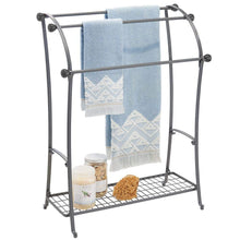 Load image into Gallery viewer, Order now mdesign large freestanding towel rack holder with storage shelf 3 tier metal organizer for bath hand towels washcloths bathroom accessories graphite gray
