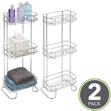 Load image into Gallery viewer, Discover the mdesign rectangular metal bathroom shelf unit free standing vertical storage for organizing and storing hand towels body lotion facial tissues bath salts 3 shelves 2 pack chrome