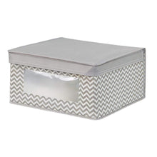 Load image into Gallery viewer, Shop here mdesign soft stackable fabric closet storage organizer holder bin with clear window attached hinged lid for bedroom hallway entryway bathroom chevron print medium 4 pack taupe natural