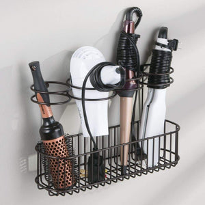 On amazon mdesign metal wire cabinet wall mount hair care styling tool organizer bathroom storage basket for hair dryer flat iron curling wand hair straightener brushes holds hot tools bronze
