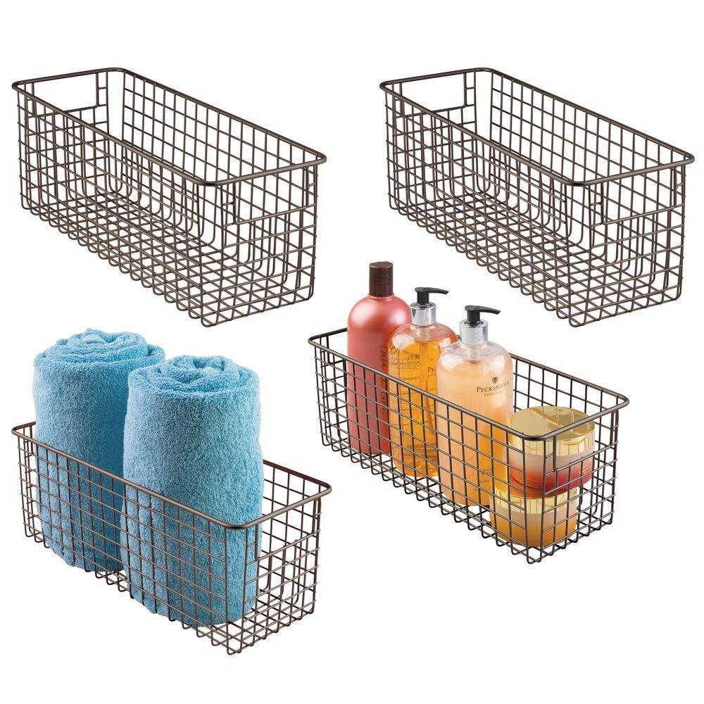 Kitchen mdesign bathroom metal wire storage organizer bin basket holder with handles for cabinets shelves closets countertops bedrooms kitchens garage laundry 16 x 6 x 6 4 pack bronze