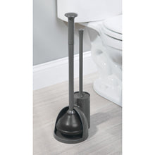 Load image into Gallery viewer, Featured mdesign modern slim compact freestanding plastic toilet bowl brush cleaner and plunger combo set kit with holder caddy for bathroom storage and organization covered lid brush 2 pack charcoal gray