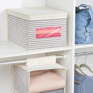 Kitchen mdesign soft fabric stackable closet storage organizer holder box with clear window attached hinged lid bedroom hallway entryway closet bathroom stripe print large 8 pack natural cobalt blue