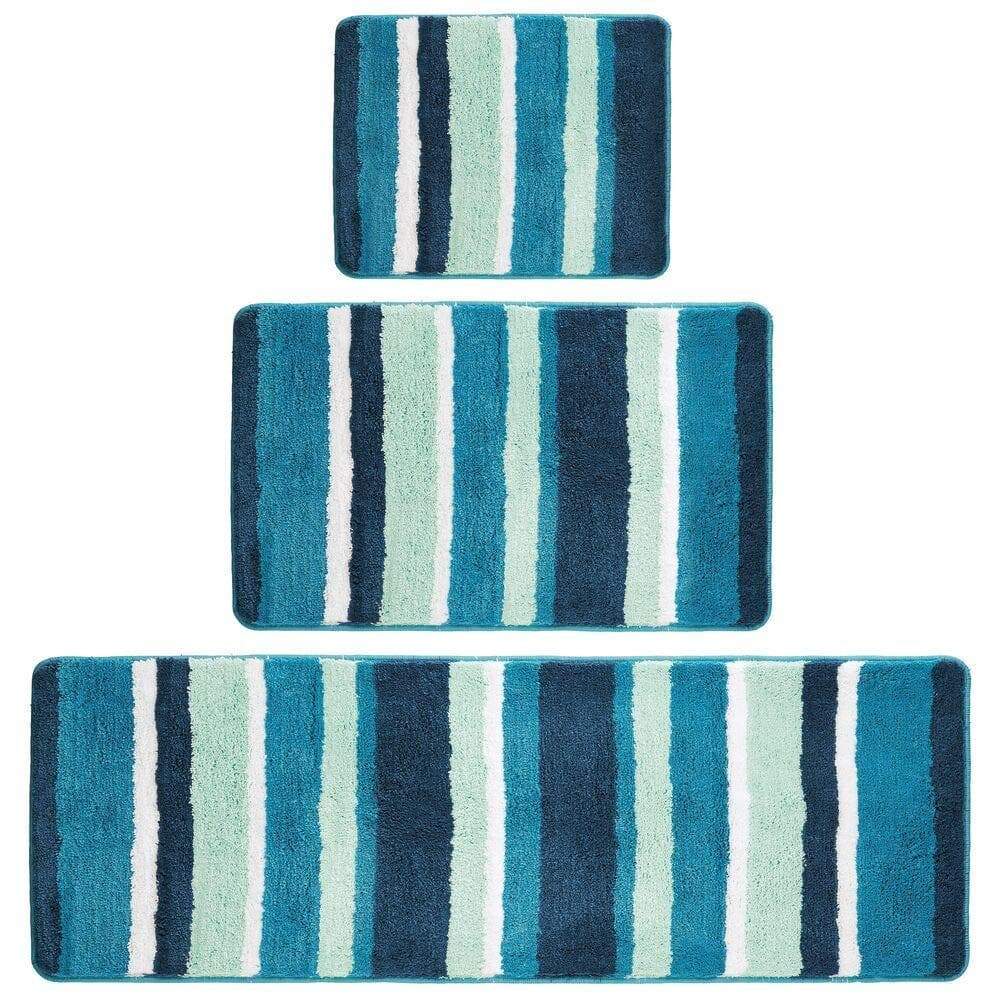 Best mdesign soft microfiber polyester spa rugs for bathroom vanity tub shower water absorbent machine washable plush non slip rectangular accent rug mat striped design set of 3 sizes teal blue