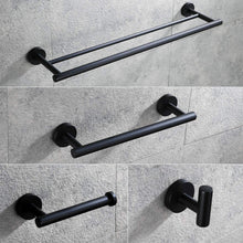 Load image into Gallery viewer, Featured hoooh matte black 4 piece bathroom accessories set stainless steel wall mount includes double towel bar hand towel rack toilet paper holder robe hooks bs100s4 bk