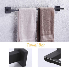 Load image into Gallery viewer, Cheap kes sus 304 stainless steel matte black 4 piece bathroom accessory set rustproof towel bar double coat hook toilet paper holder towel ring wall mount no drilling self adhesive glue la24bkdg 42