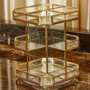 On amazon putwo makeup organizer 360 degree rotating 3 layers large multi function makeup storage glass vintage cosmetic organizer for countertop bathroom dresser fits different types of cosmetics gold